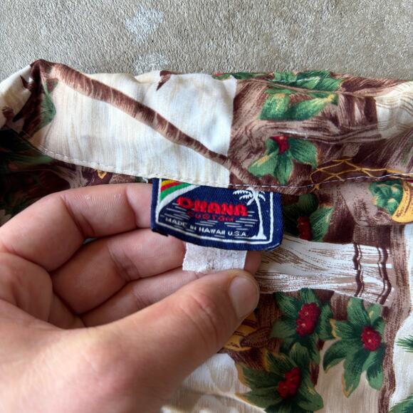 VINTAGE 80S HAWAIIAN OHANA BUTTON UP SHIRT FLORAL PRINT PALM TREES MENS XL - Picture 4 of 6